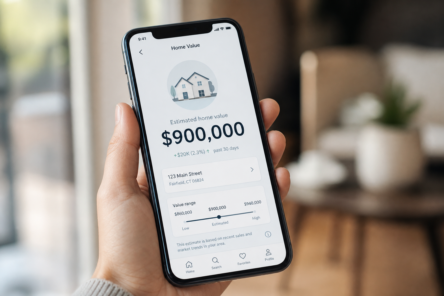 Smartphone showing a $900,000 home value estimate