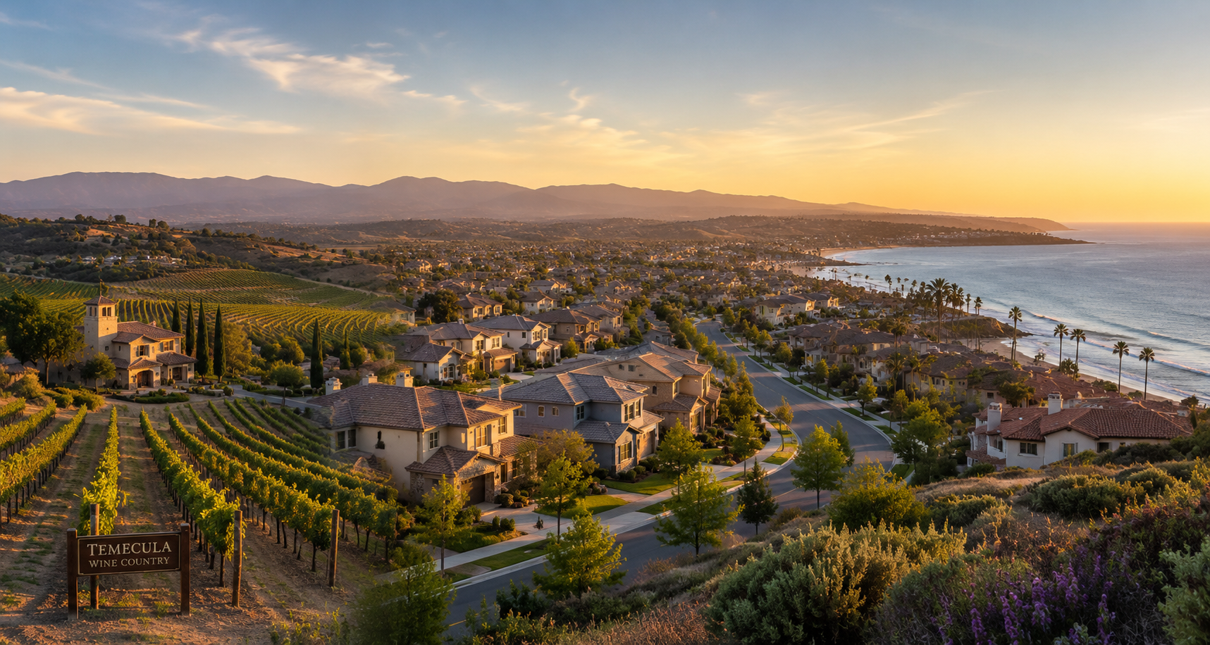 Temecula wine country and coastal Southern California at golden hour